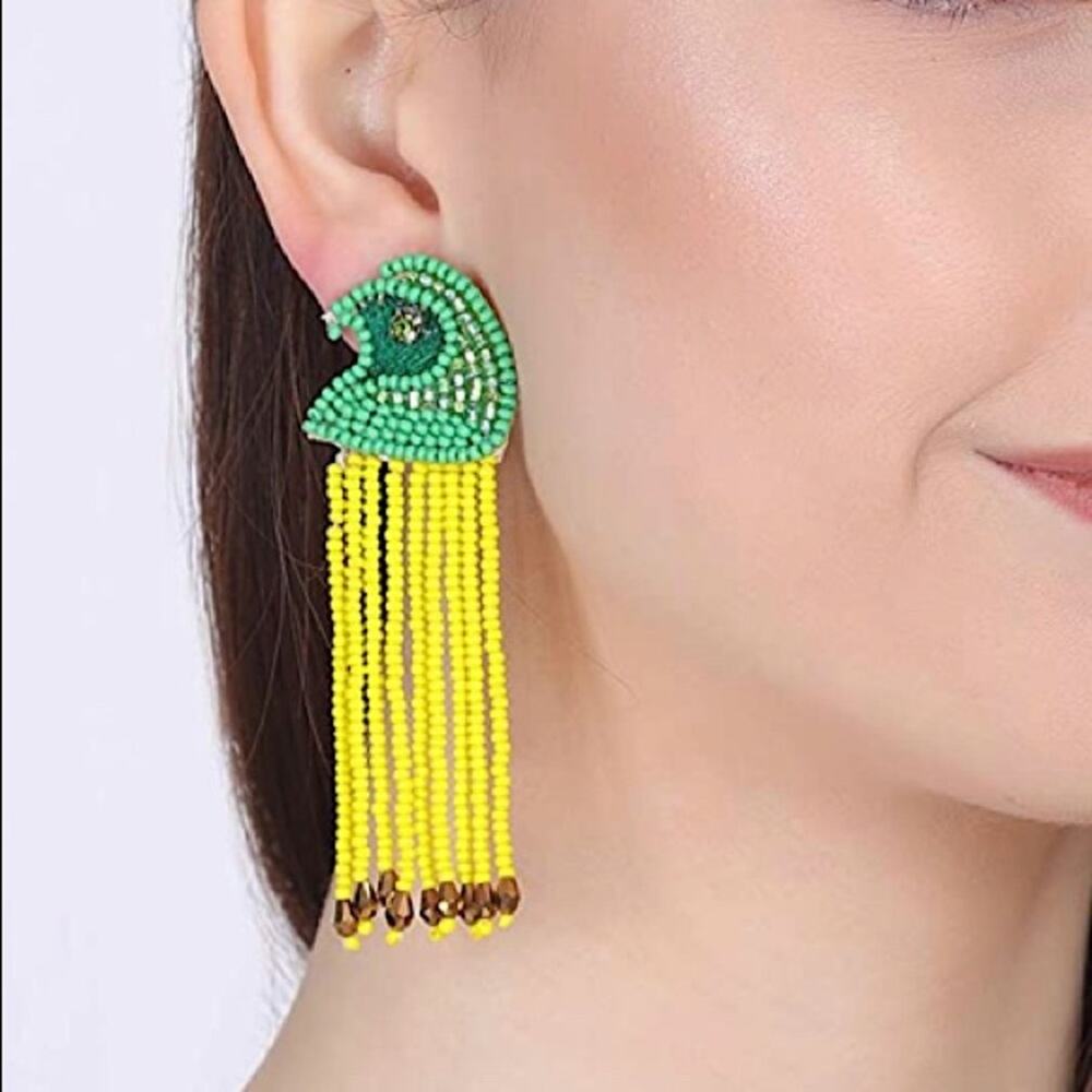 Green Yellow Beaded Drop Parrot Earrings hypoallergenic